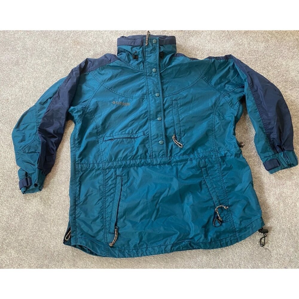 Columbia Blue Teal Pullover Anorak Jacket Adjustable Hem Hood Quarter Zip Medium
